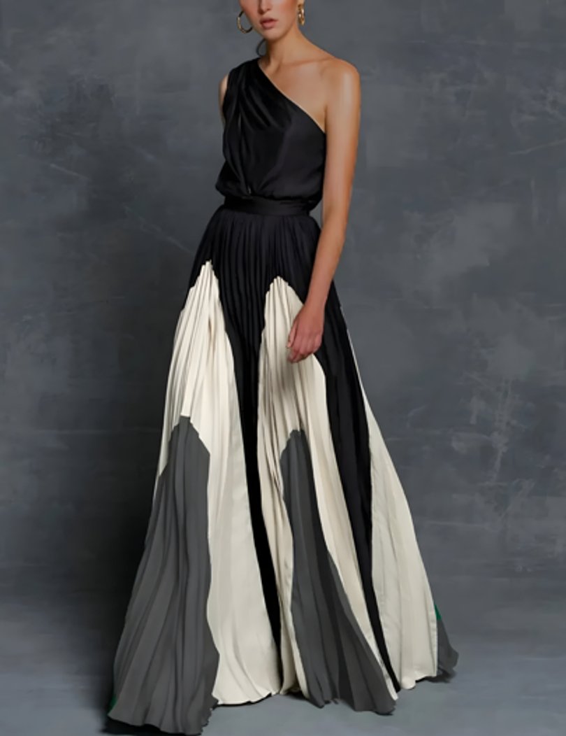 Mother of the Bride Dress One-Shoulder Colour-Block Pleated Maxi Gown