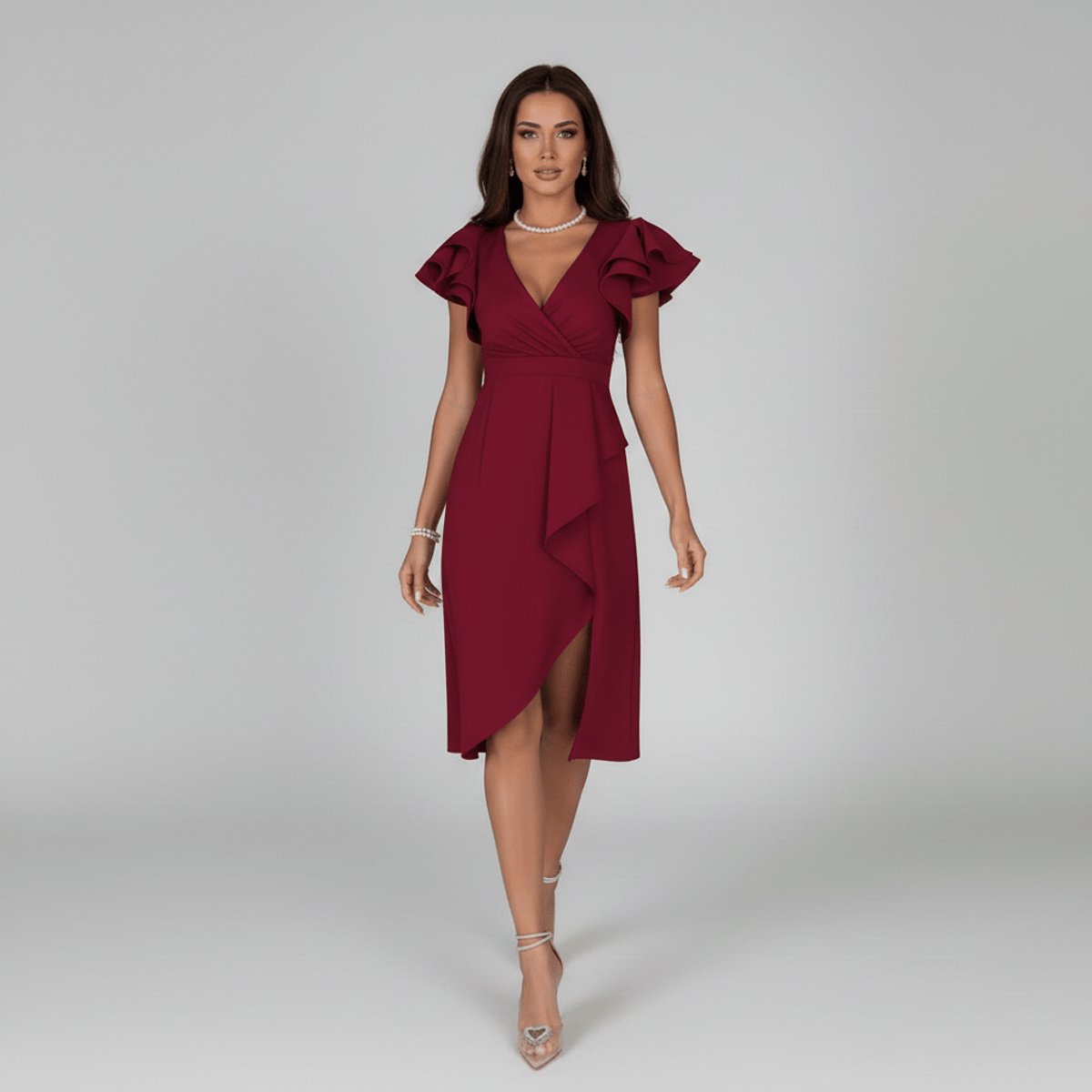 Mother of the Bride Dress Ruffle Sleeve V-Neck Wrap Midi