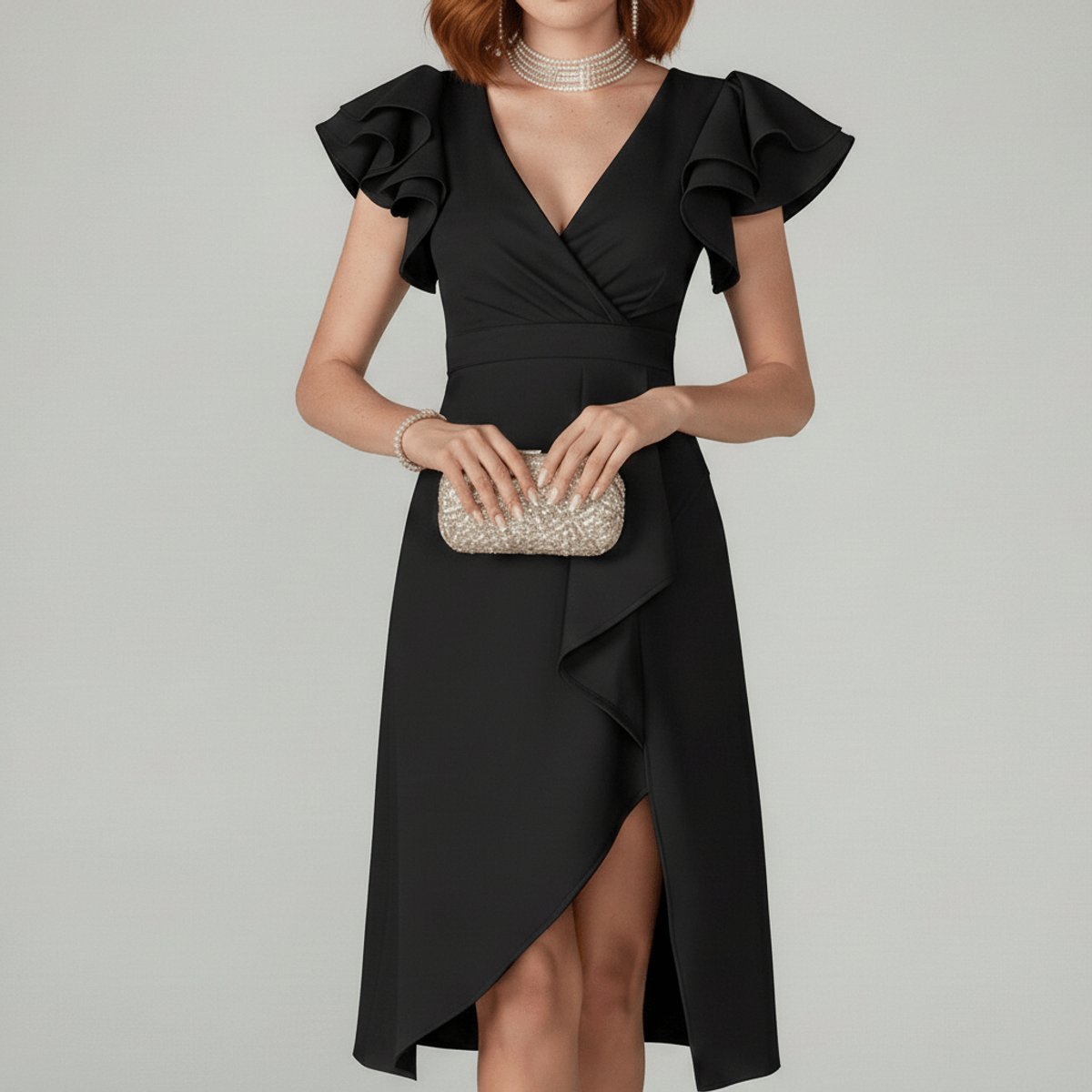 Mother of the Bride Dress Ruffle Sleeve V-Neck Wrap Midi - Classic Black
