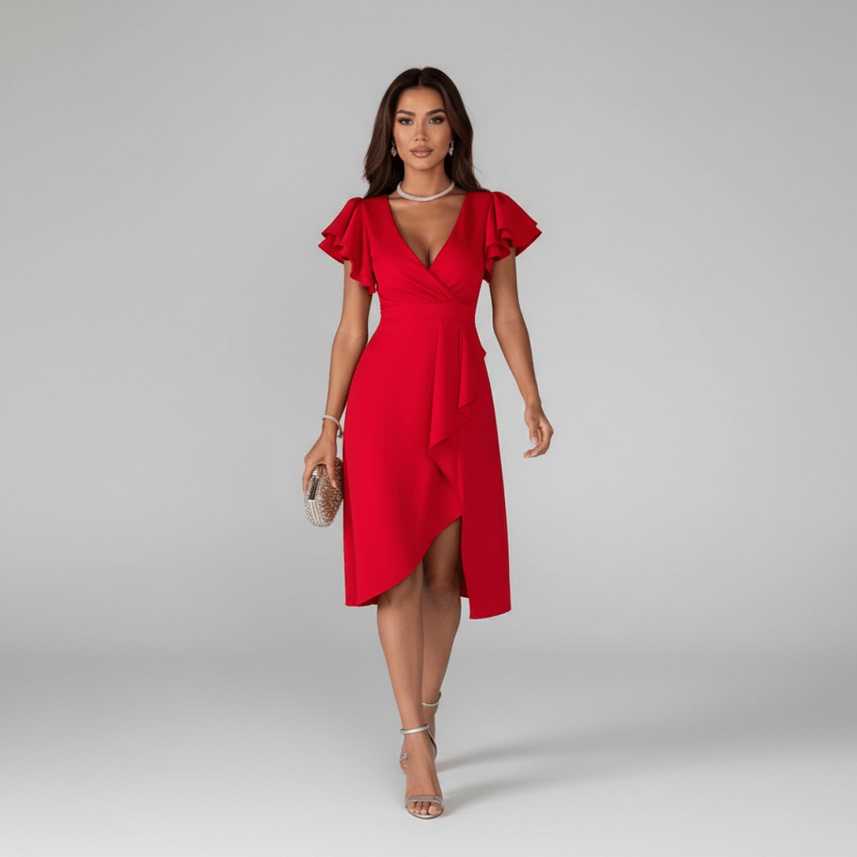 Mother of the Bride Dress Ruffle Sleeve V-Neck Wrap Midi - Vivid Red