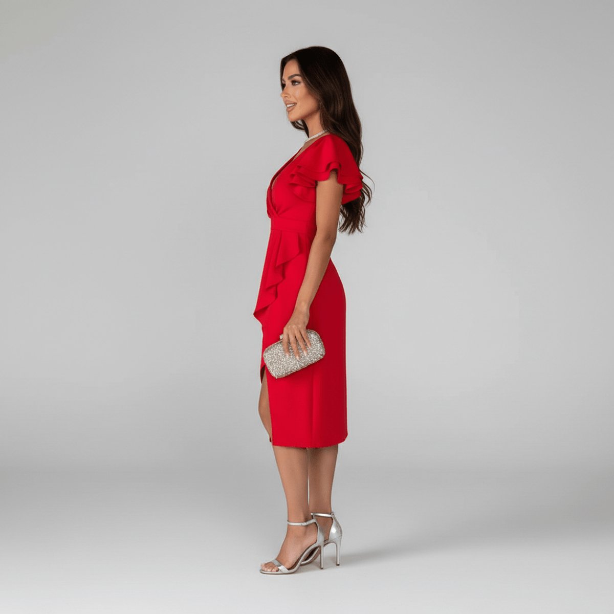 Mother of the Bride Dress Ruffle Sleeve V-Neck Wrap Midi