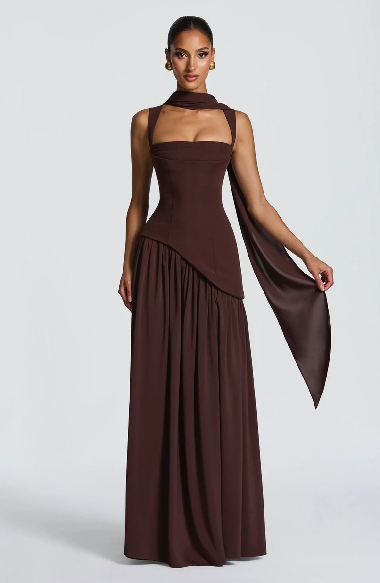 Mother of the Bride Dress Sleeveless Corseted A-Line Maxi Gown - Brown