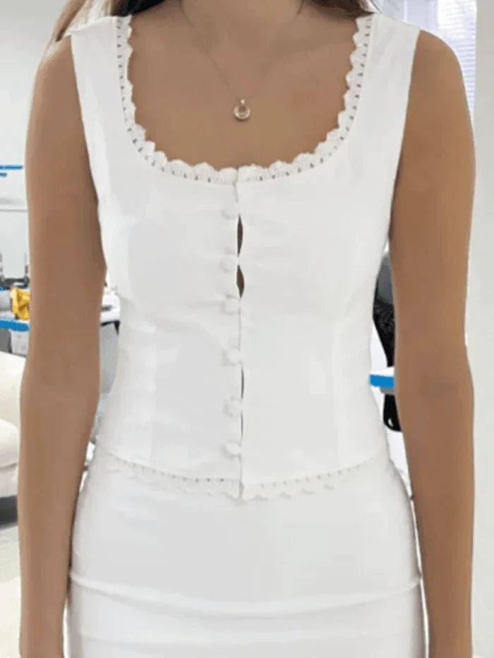Women's Vintage Button-Front Lace-Trim Tank Top