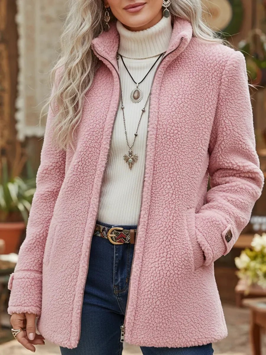 Women Coat Fluffy Teddy Fleece Full-Zip Stand Collar Jacket - Pink
