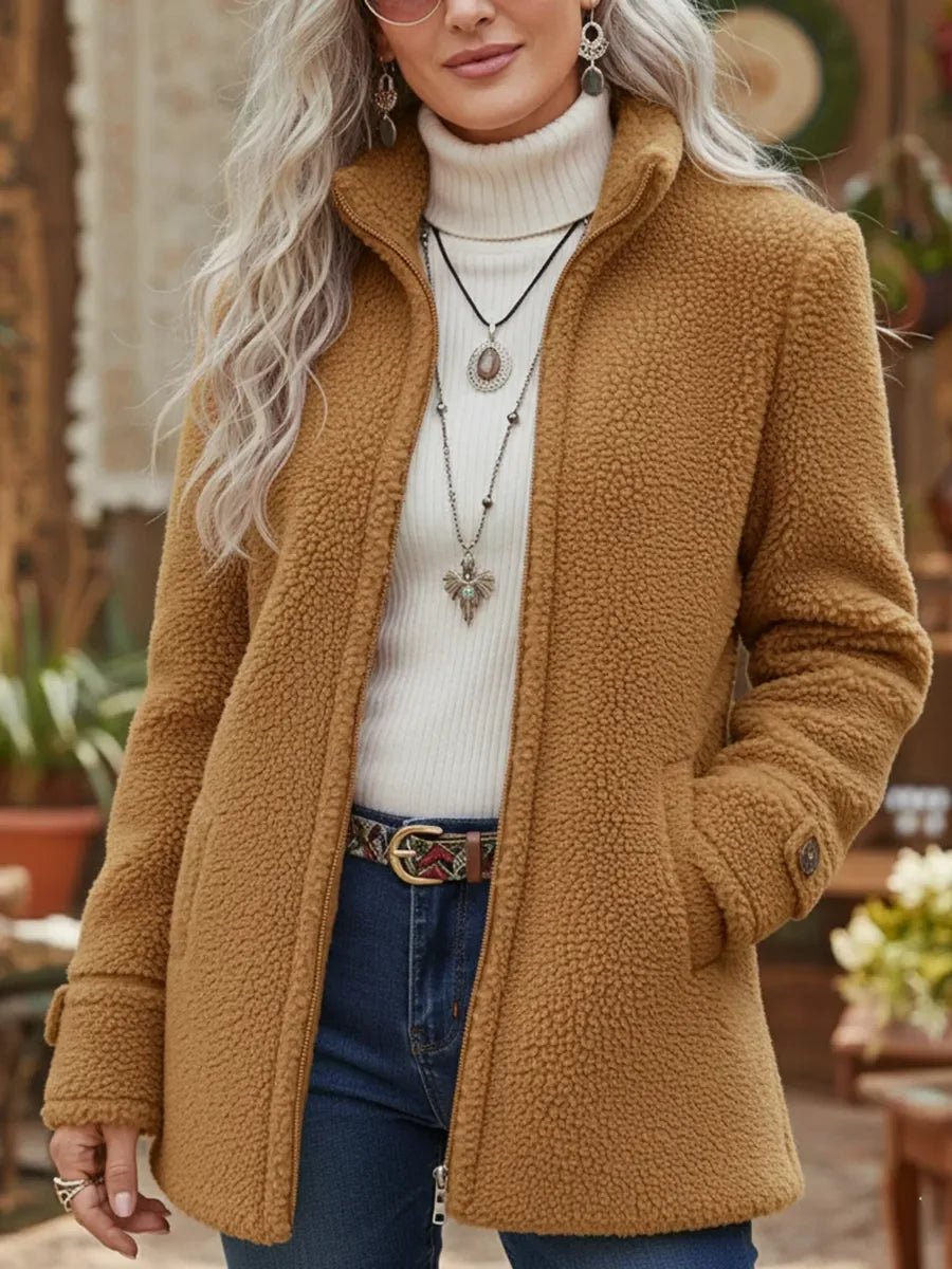 Women Coat Fluffy Teddy Fleece Full-Zip Stand Collar Jacket - Camel