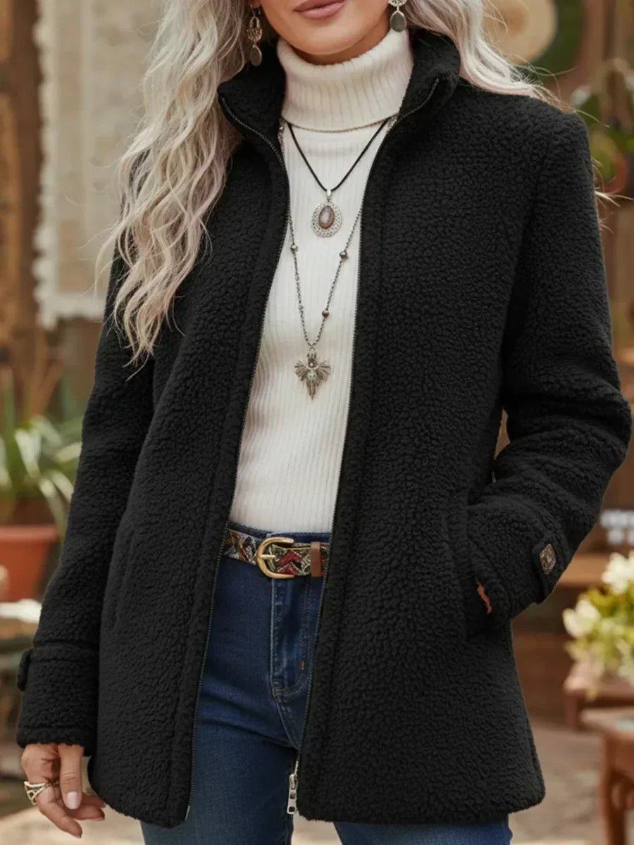 Women Coat Fluffy Teddy Fleece Full-Zip Stand Collar Jacket - Black
