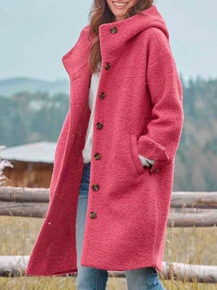 Women Coat Long-Sleeve Hooded Casual Fleece Plush Button-Up - Pink