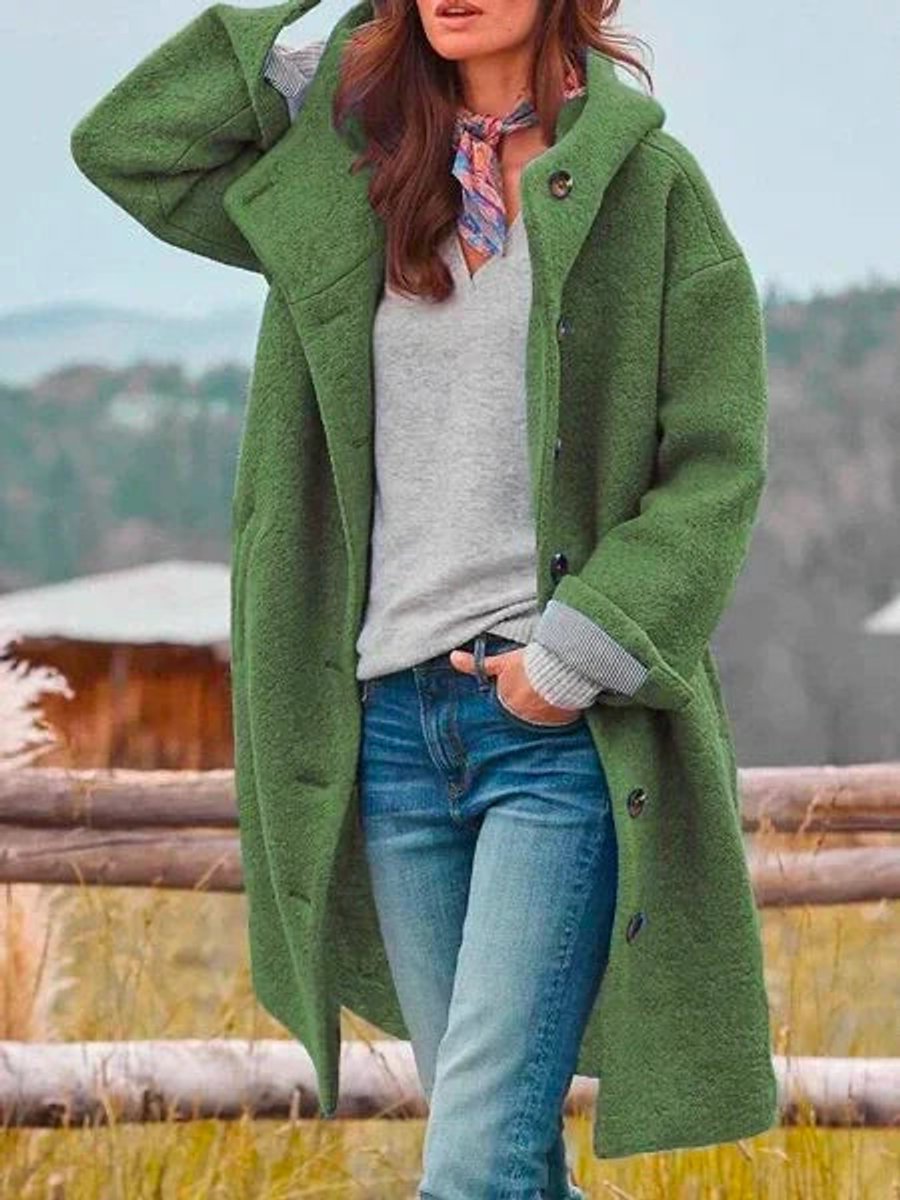 Women Coat Long-Sleeve Hooded Casual Fleece Plush Button-Up - Dark Green
