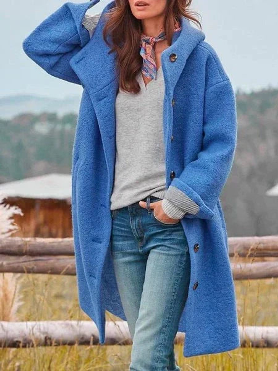 Women Coat Long-Sleeve Hooded Casual Fleece Plush Button-Up - Blue