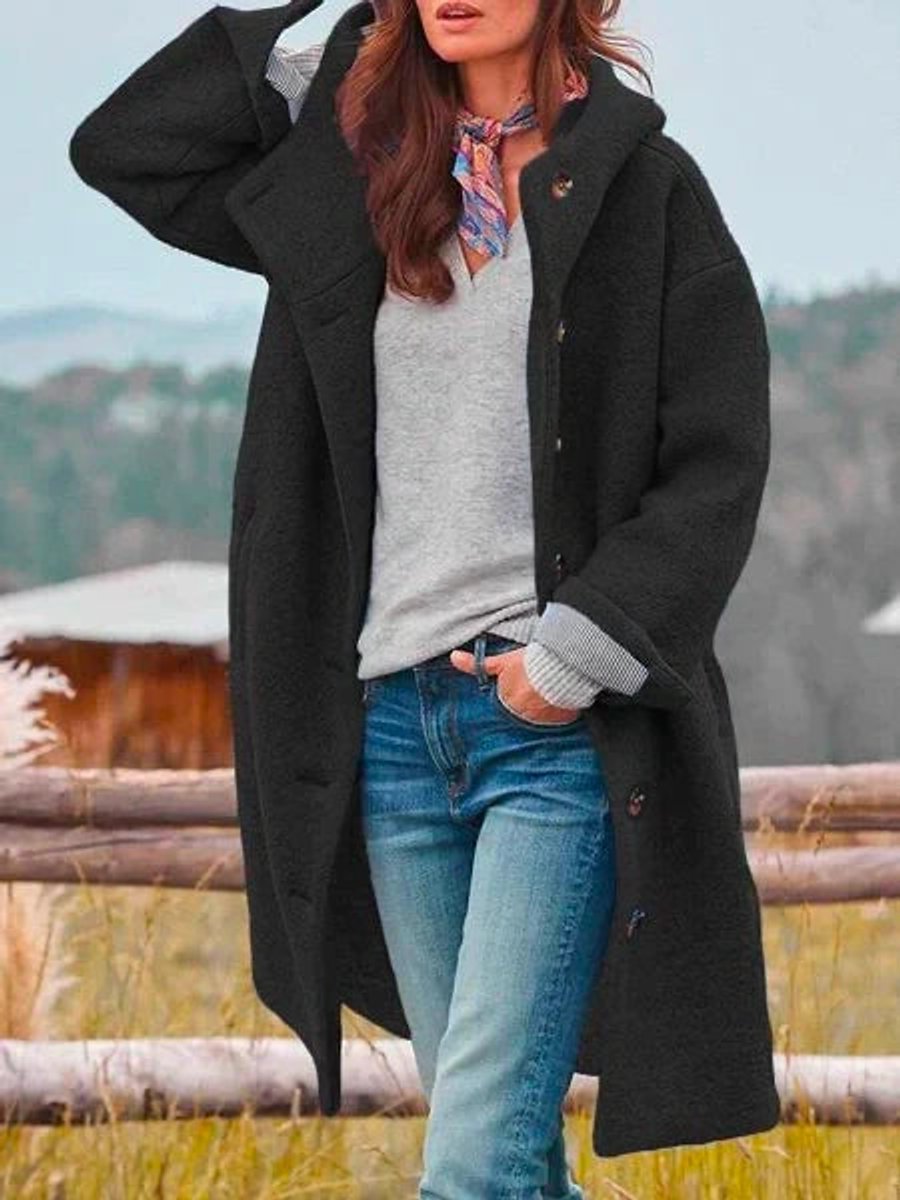 Women Coat Long-Sleeve Hooded Casual Fleece Plush Button-Up - Black