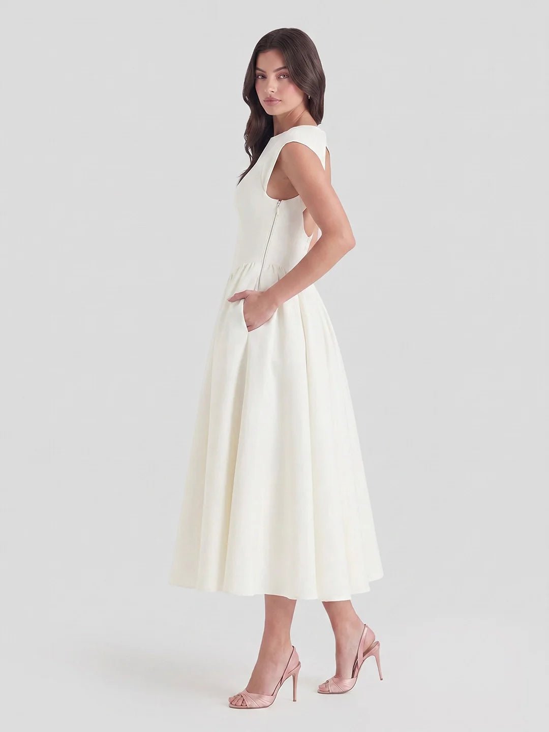 Women's 1950s-Inspired Satin Full-Skirt Midi Dress Bateau Neck