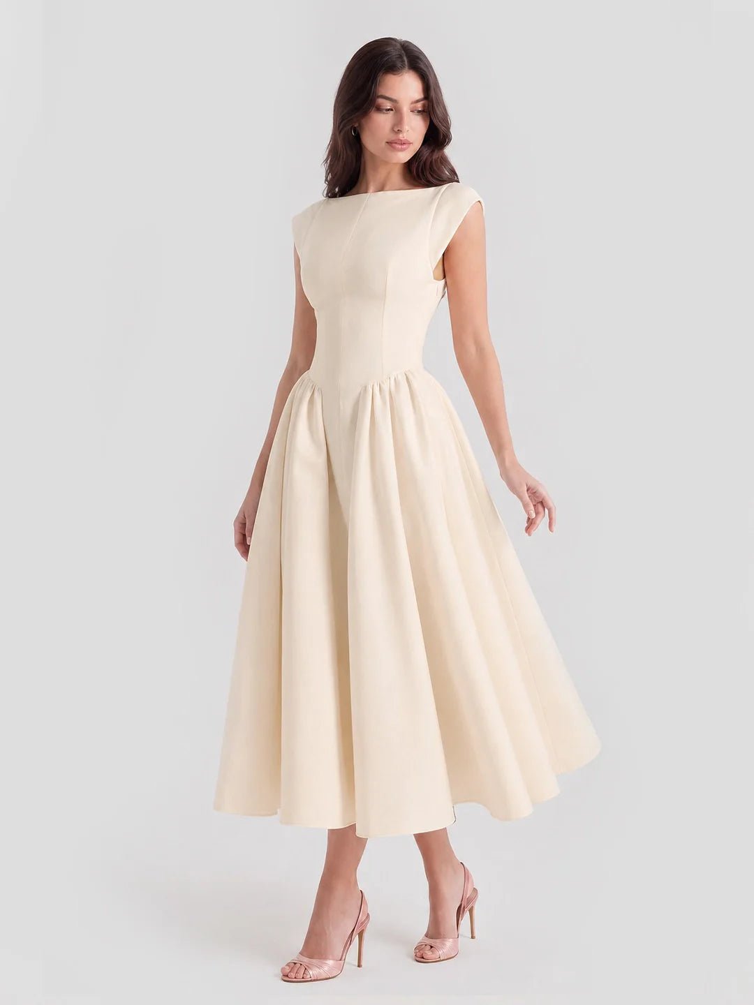 Women's 1950s-Inspired Satin Full-Skirt Midi Dress Bateau Neck - Beige