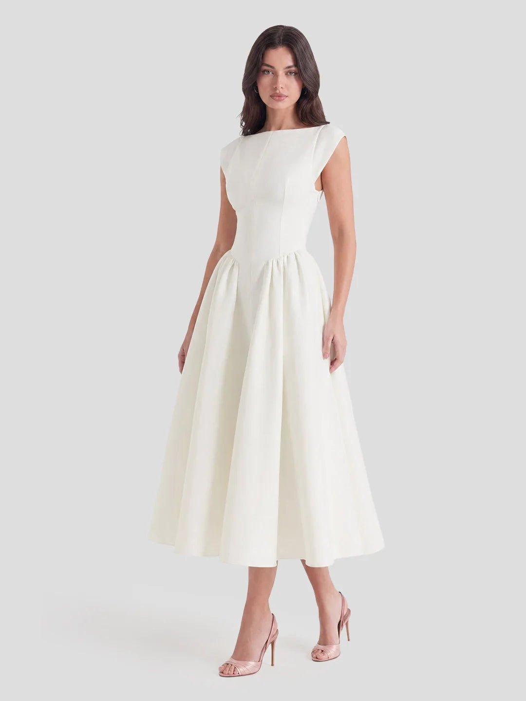 Women's 1950s-Inspired Satin Full-Skirt Midi Dress Bateau Neck - Ivory