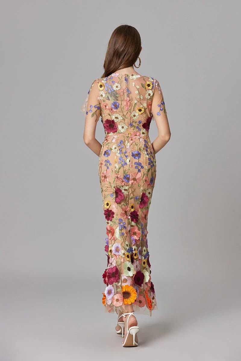 Women's 3D Floral Appliqué Sheer Mesh Sleeveless Column Maxi Dress