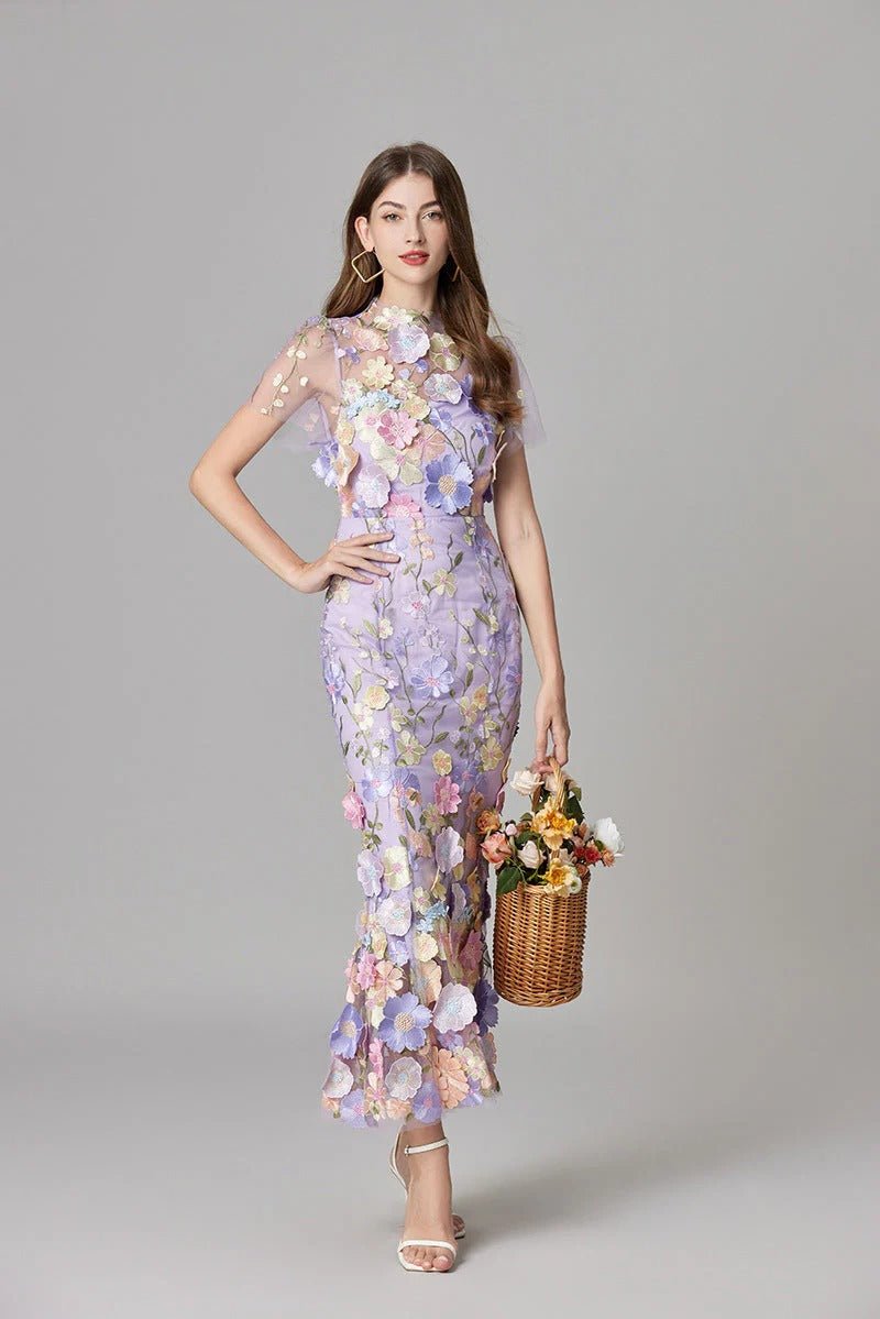 Women's 3D Floral Appliqué Sheer Mesh Sleeveless Column Maxi Dress