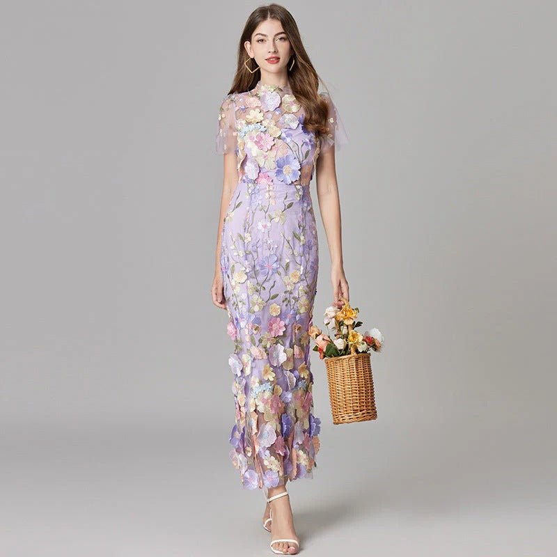 Women's 3D Floral Appliqué Sheer Mesh Sleeveless Column Maxi Dress - Purple