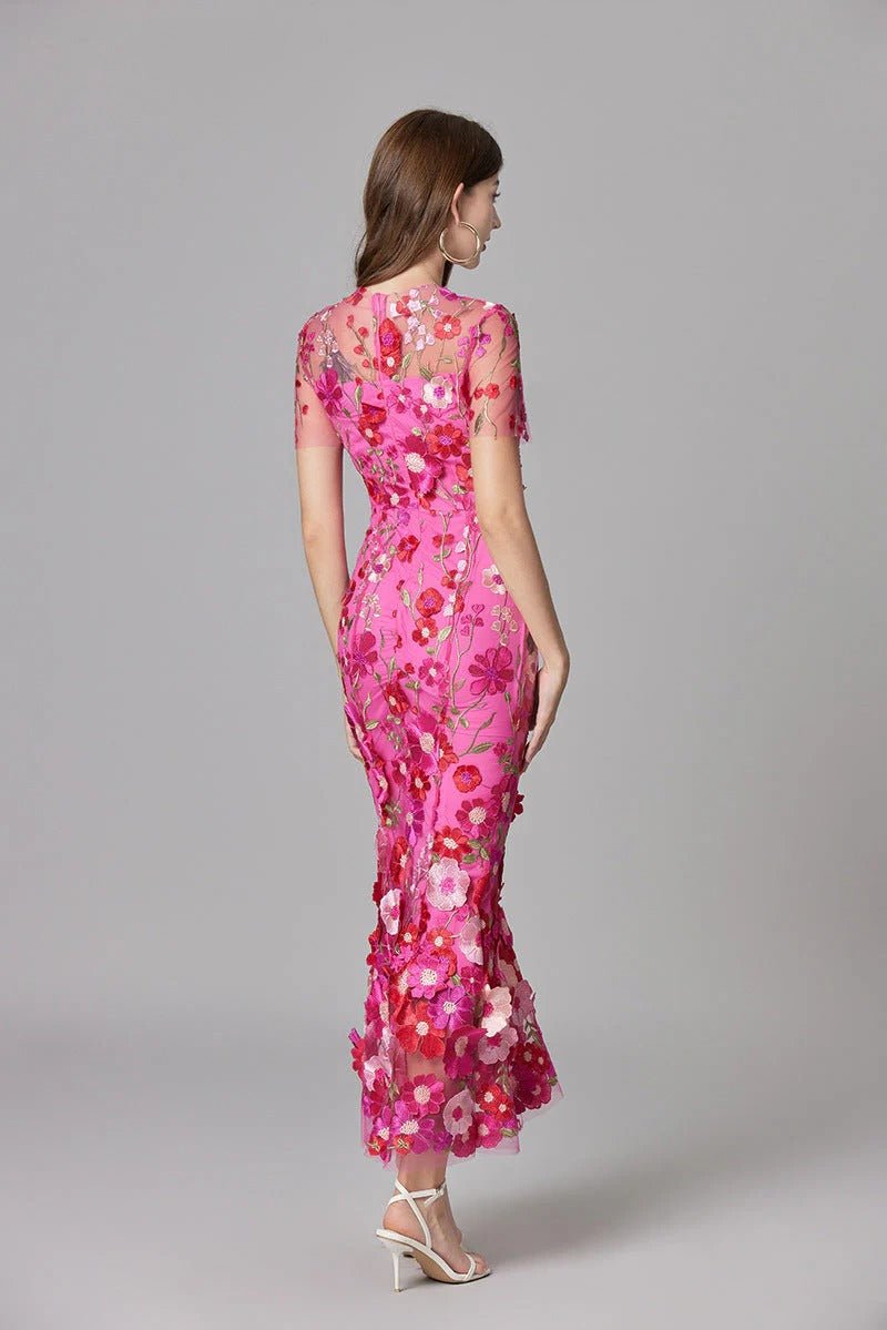 Women's 3D Floral Appliqué Sheer Mesh Sleeveless Column Maxi Dress