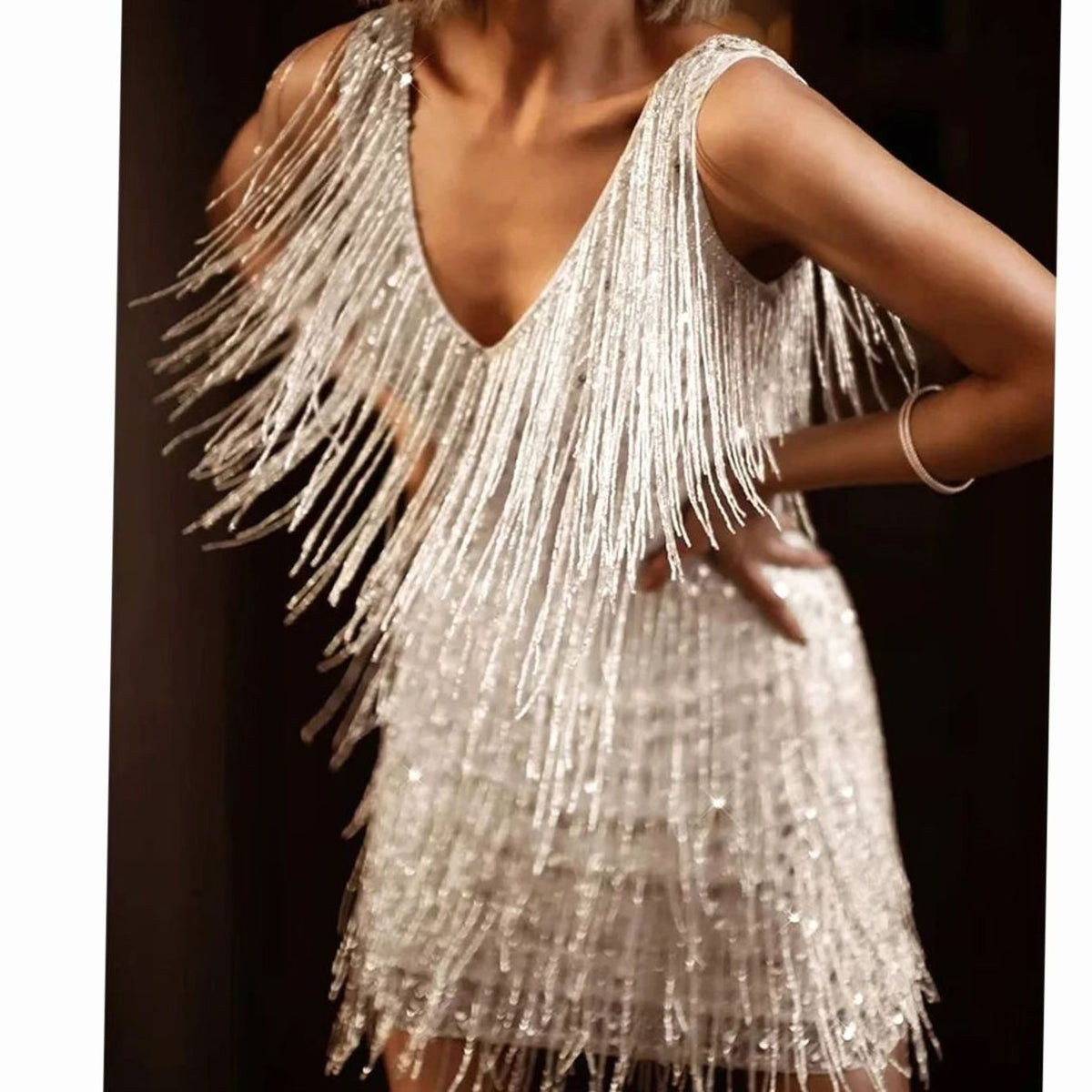 Women's A-Line Sequin Fringe Mini Christmas Party Dress - Silver