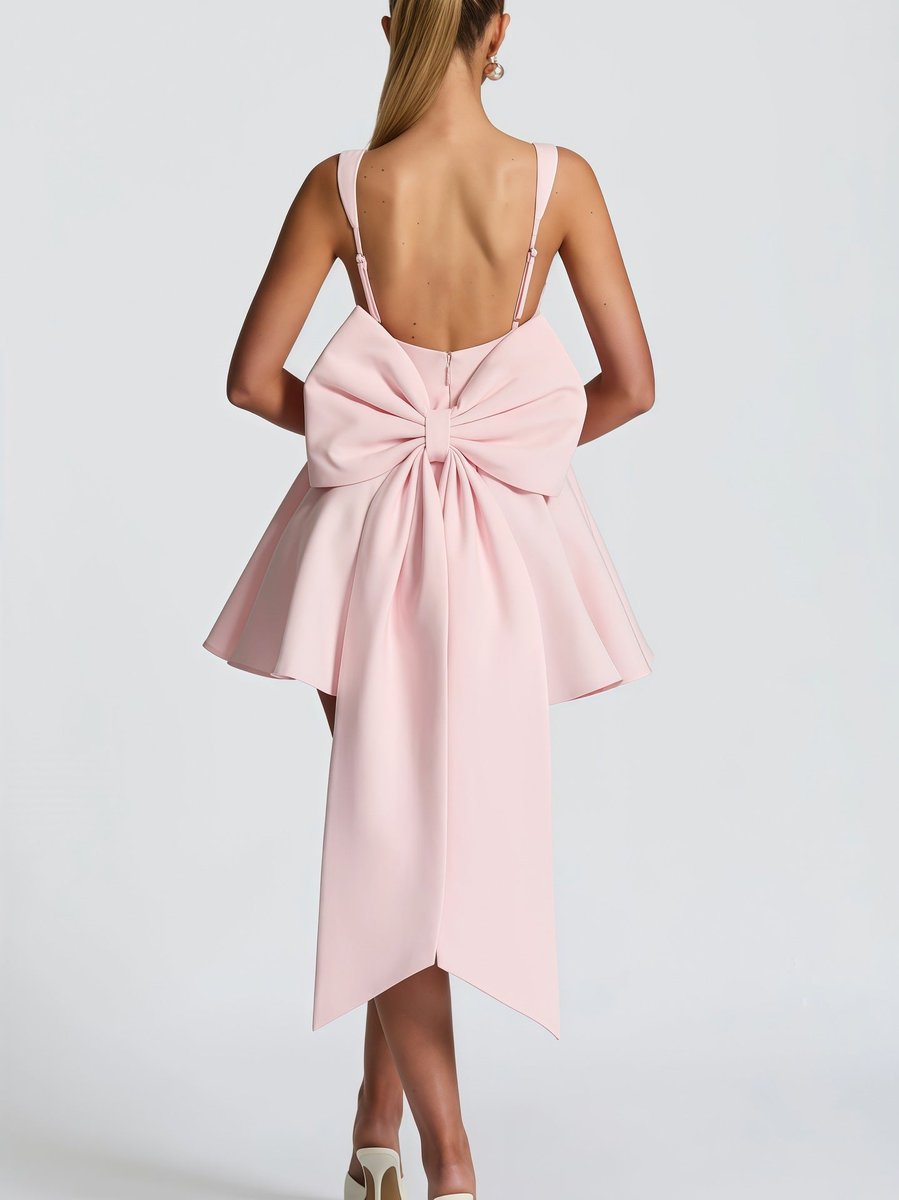 Women's A-Line Square-Neck Oversized Bow Mini Cocktail Dress - Pink