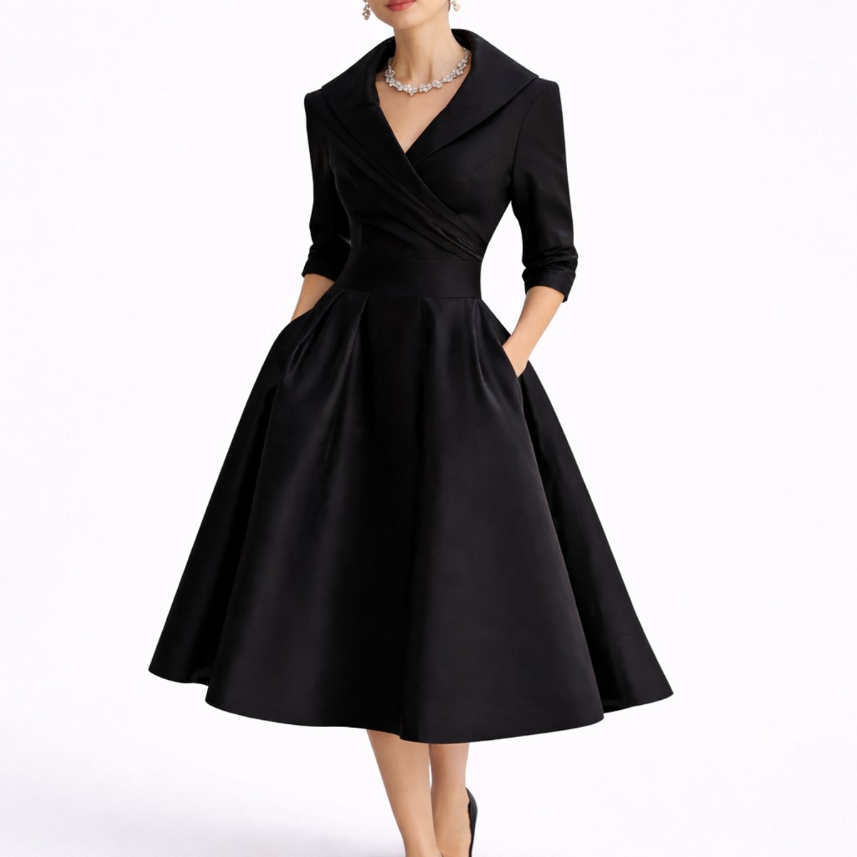 Women's A-Line Wrap-Bodice 3/4 Sleeve Midi Dress - Black