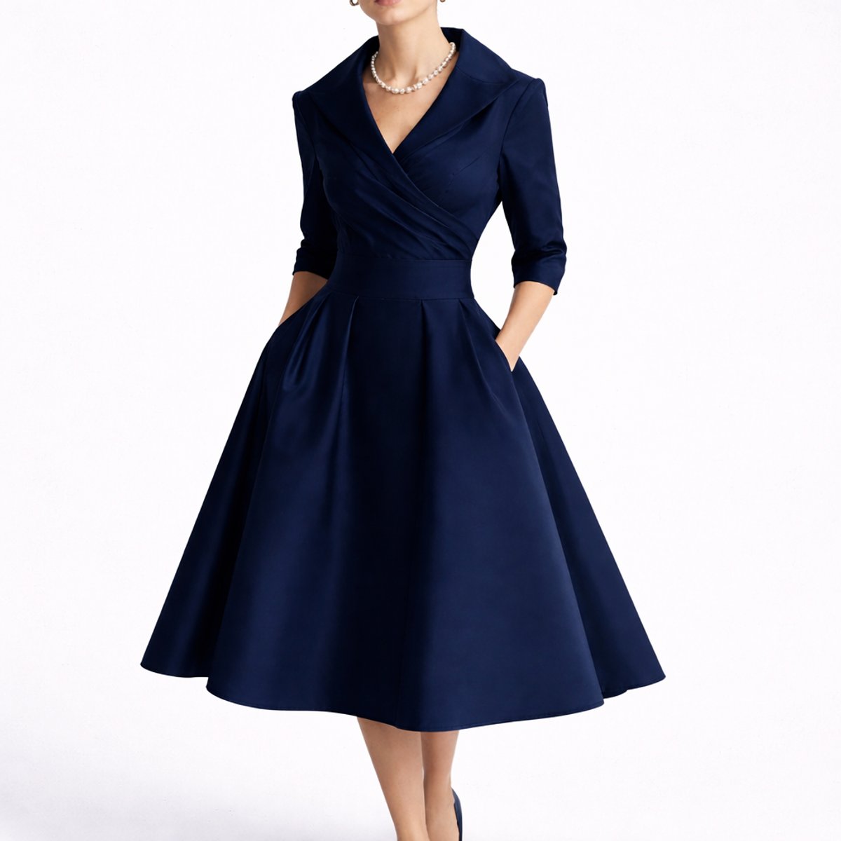 Women's A-Line Wrap-Bodice 3/4 Sleeve Midi Dress - Navy