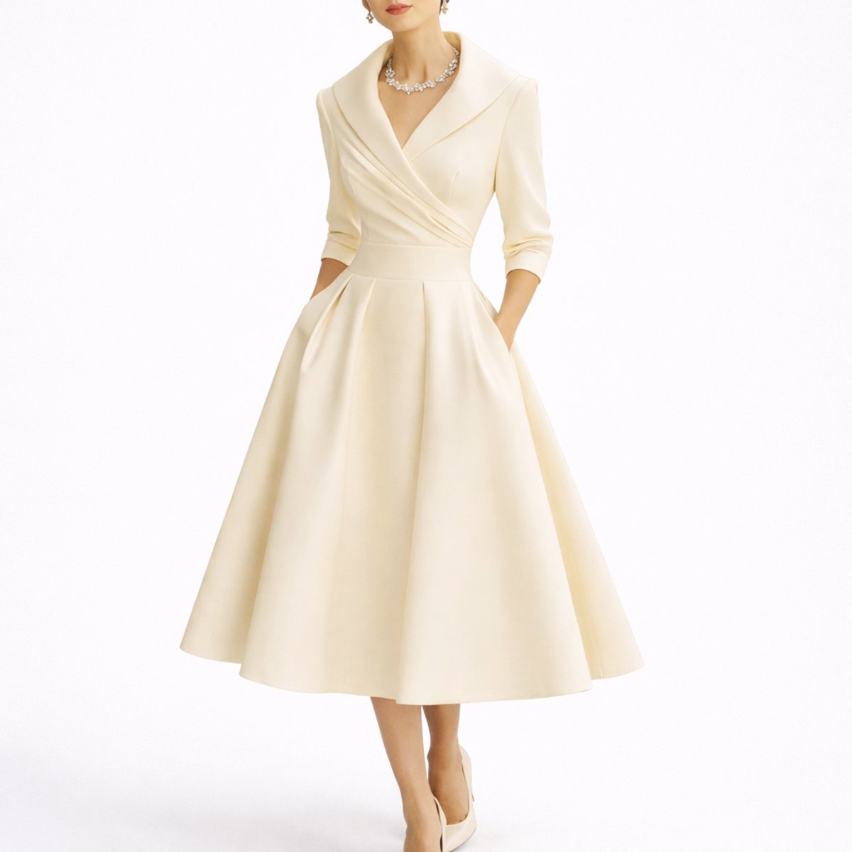 Women's A-Line Wrap-Bodice 3/4 Sleeve Midi Dress - White