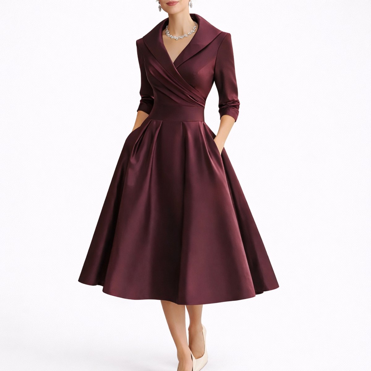 Women's A-Line Wrap-Bodice 3/4 Sleeve Midi Dress - Red