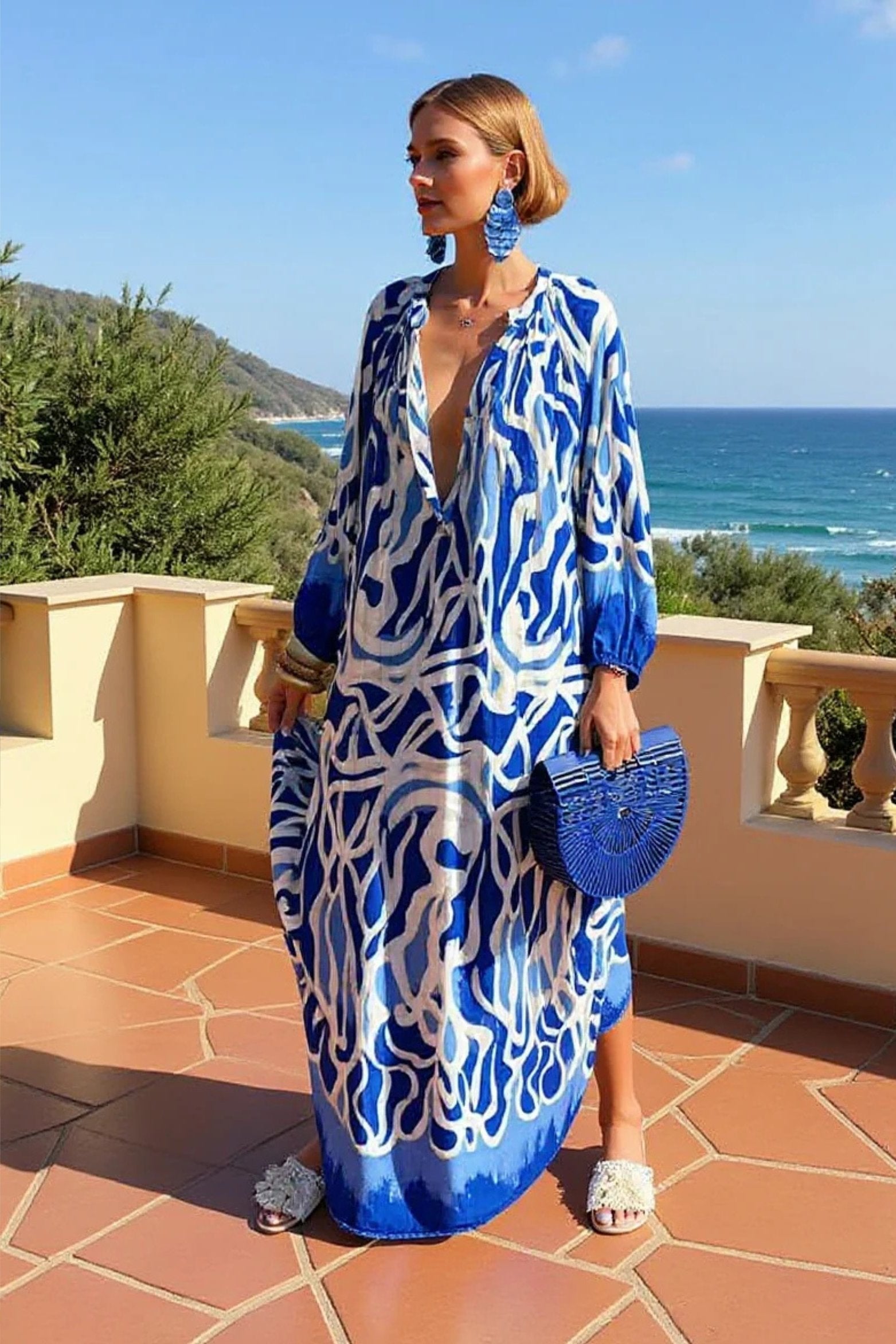 Women's Abstract Print Deep V-Neck Relaxed Kaftan Maxi Dress - Blue