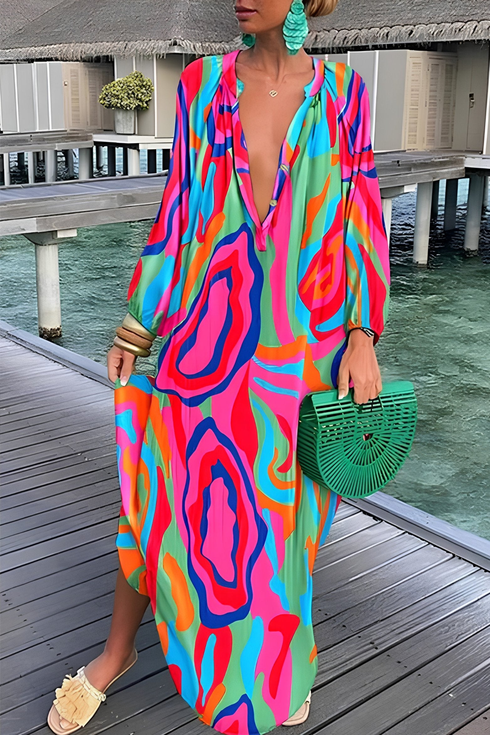 Women's Abstract Print Deep V-Neck Relaxed Kaftan Maxi Dress - Pink