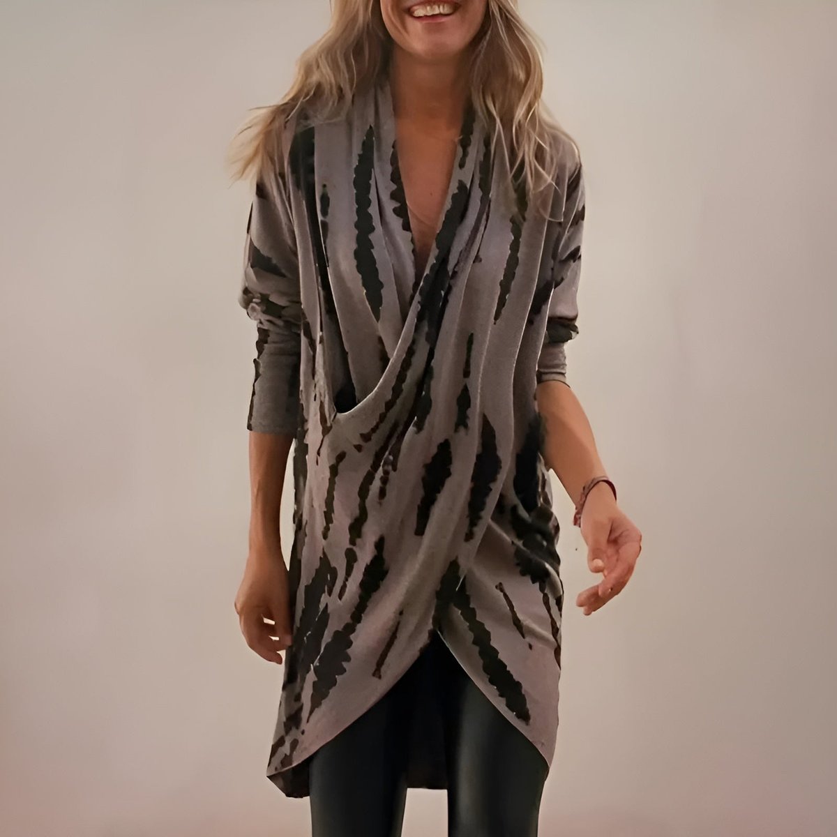 Women's Abstract Print V-Neck Longline Draped Tunic