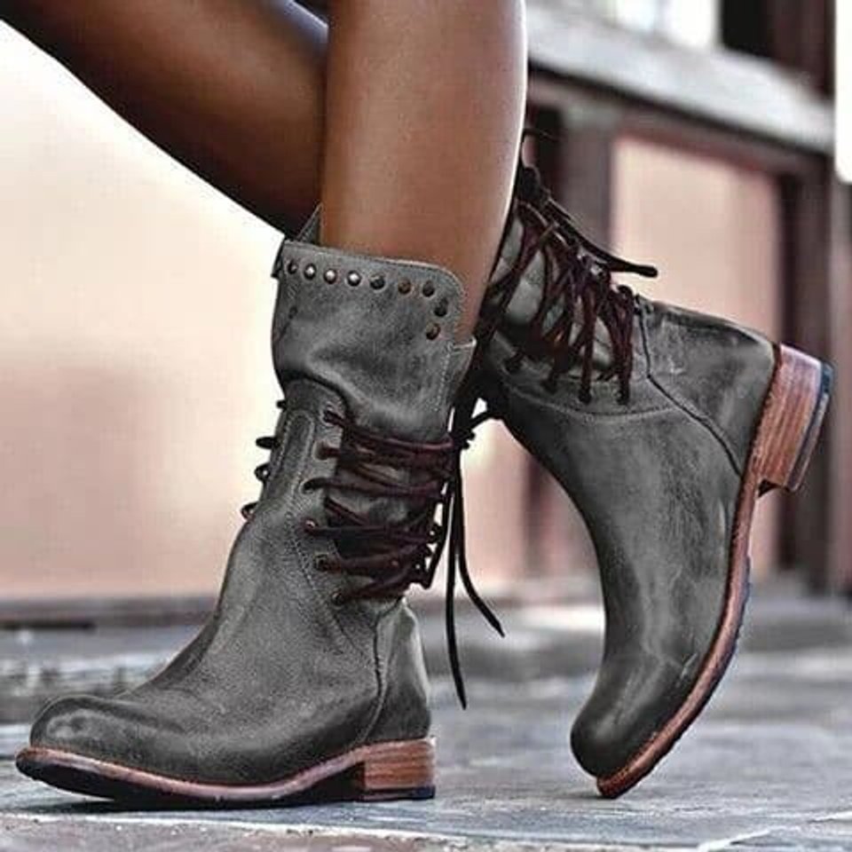 Womens Ankle Boots Faux Leather Lace-Up Studded Low Heel - Grey
