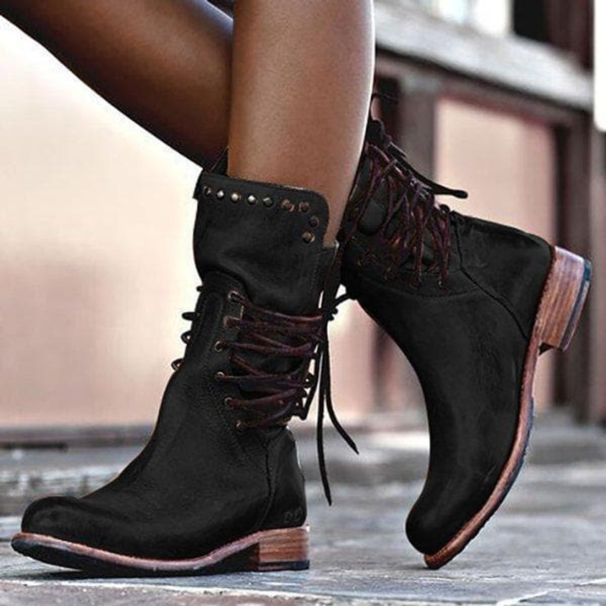 Womens Ankle Boots Faux Leather Lace-Up Studded Low Heel - Black
