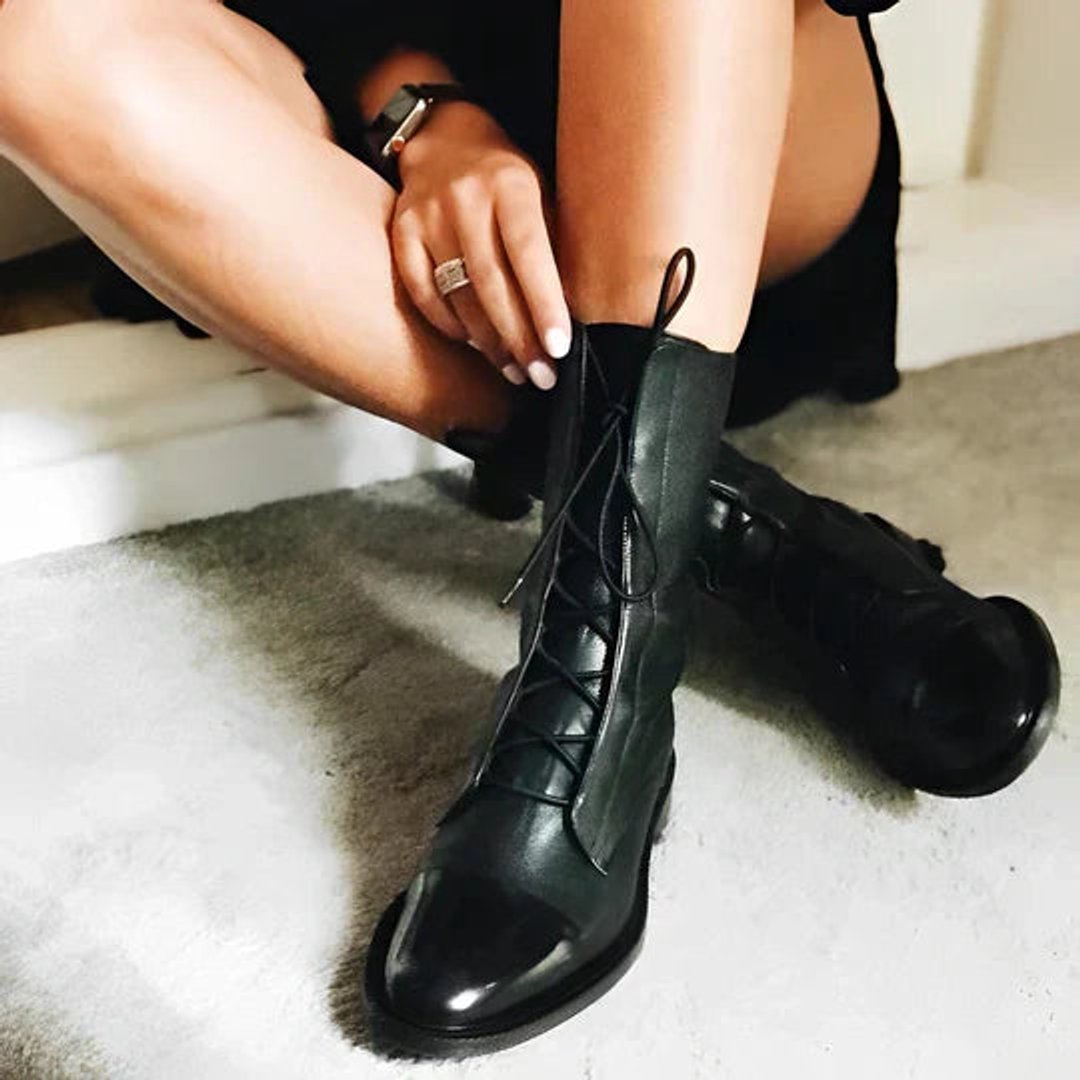 Women's Ankle Boots Lace-Up Leather Cap-Toe Mid-Calf