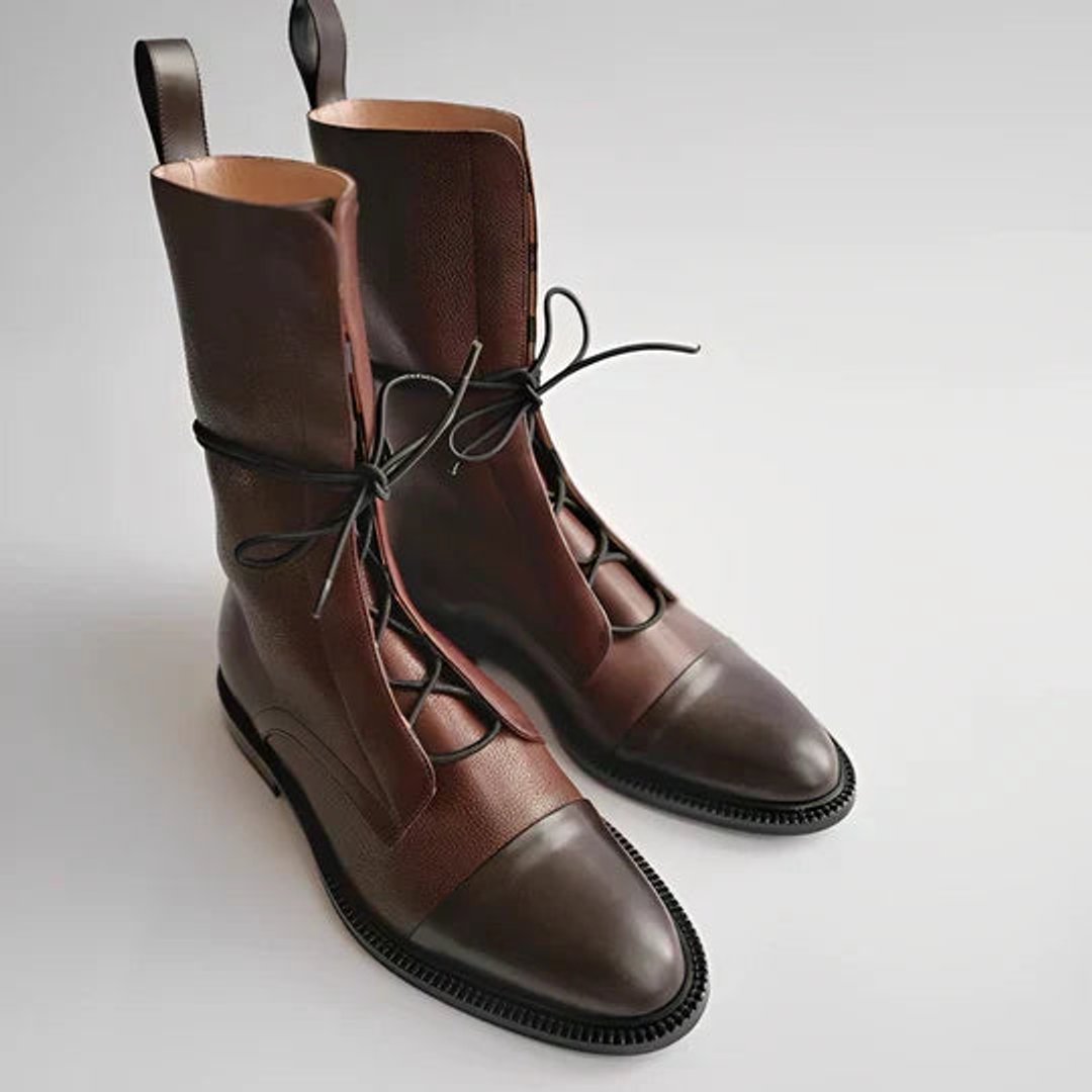 Women's Ankle Boots Lace-Up Leather Cap-Toe Mid-Calf