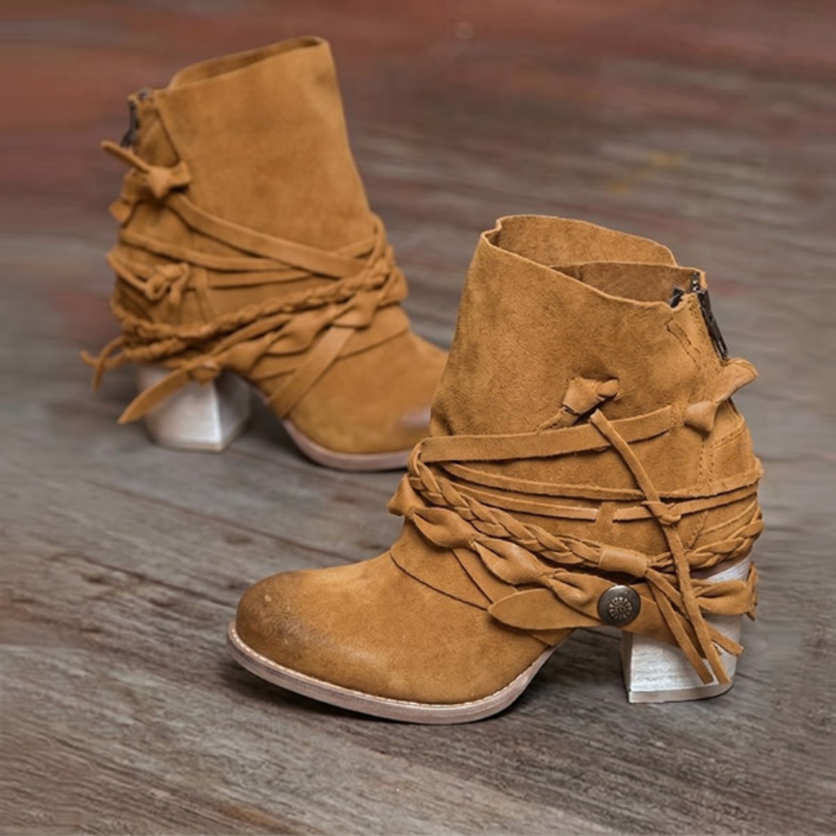 Women's Ankle Boots Suede Western Block Heel Strappy Booties - Brown