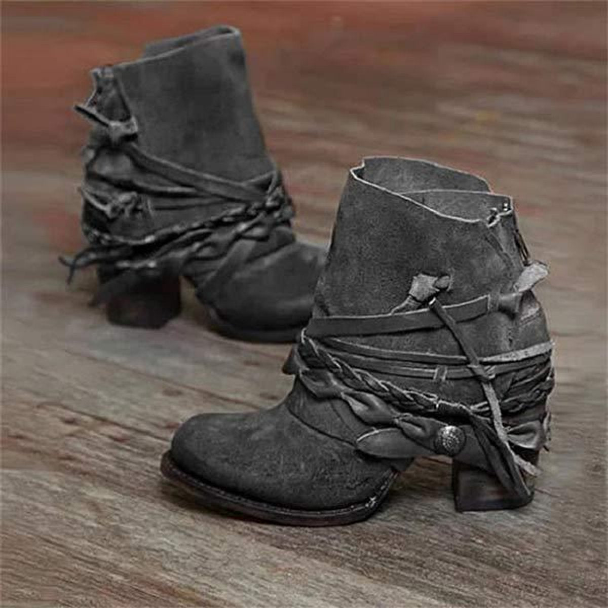 Women's Ankle Boots Suede Western Block Heel Strappy Booties - Gray