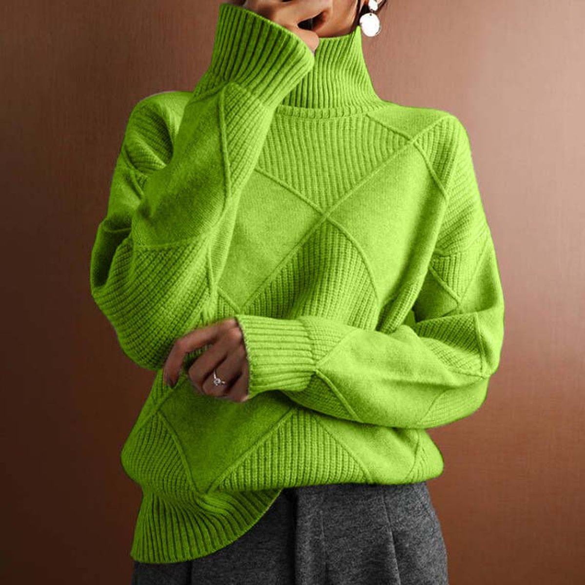 Women's Argyle Knit Turtleneck Sweater Relaxed Pullover Jumper - Green