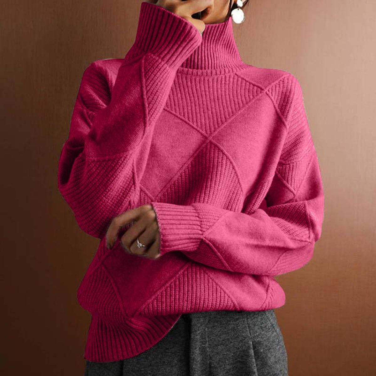 Women's Argyle Knit Turtleneck Sweater Relaxed Pullover Jumper - Pink