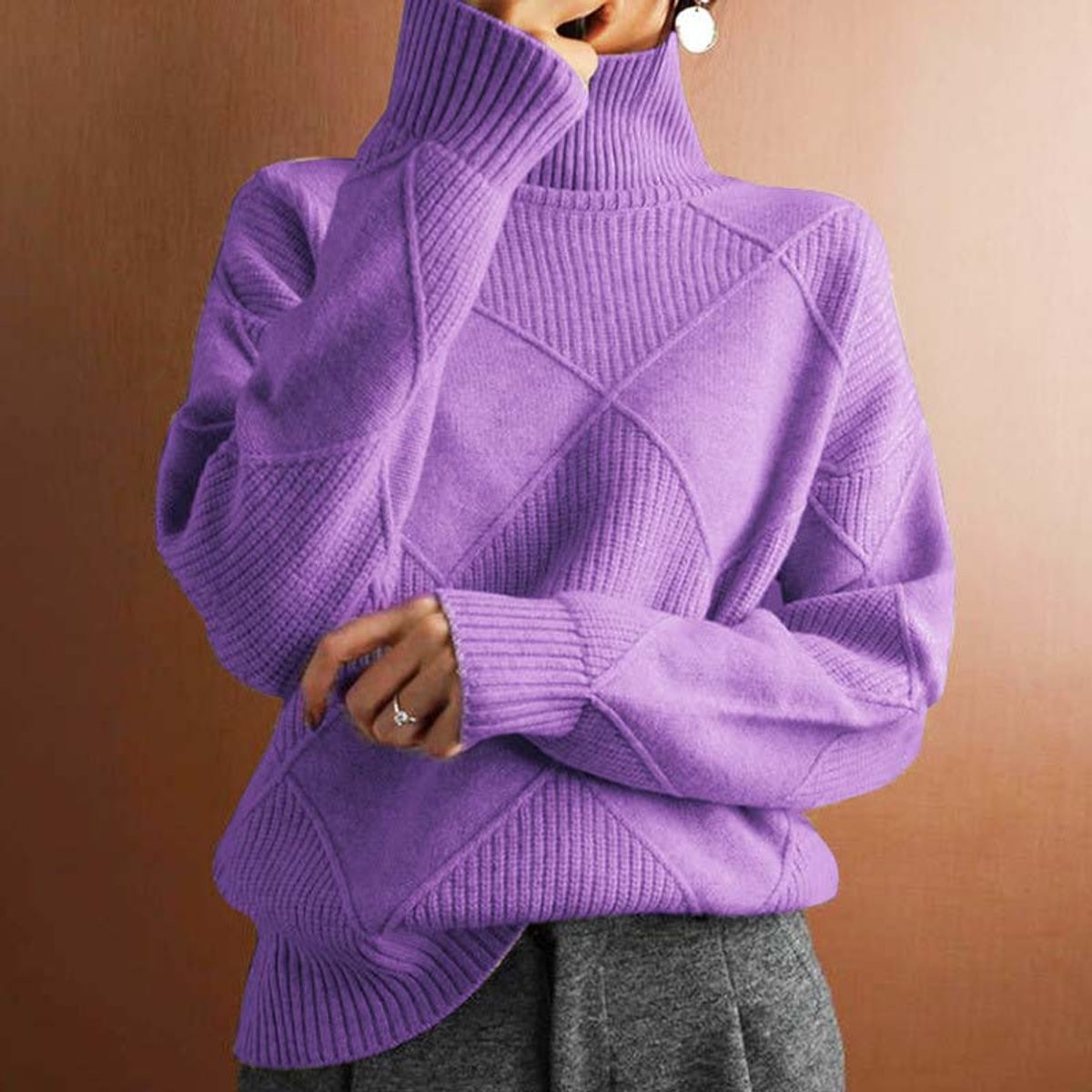 Women's Argyle Knit Turtleneck Sweater Relaxed Pullover Jumper - Light Purple
