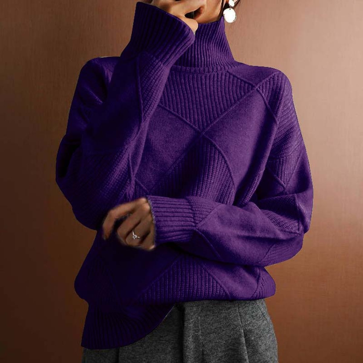 Women's Argyle Knit Turtleneck Sweater Relaxed Pullover Jumper - Dark Purple