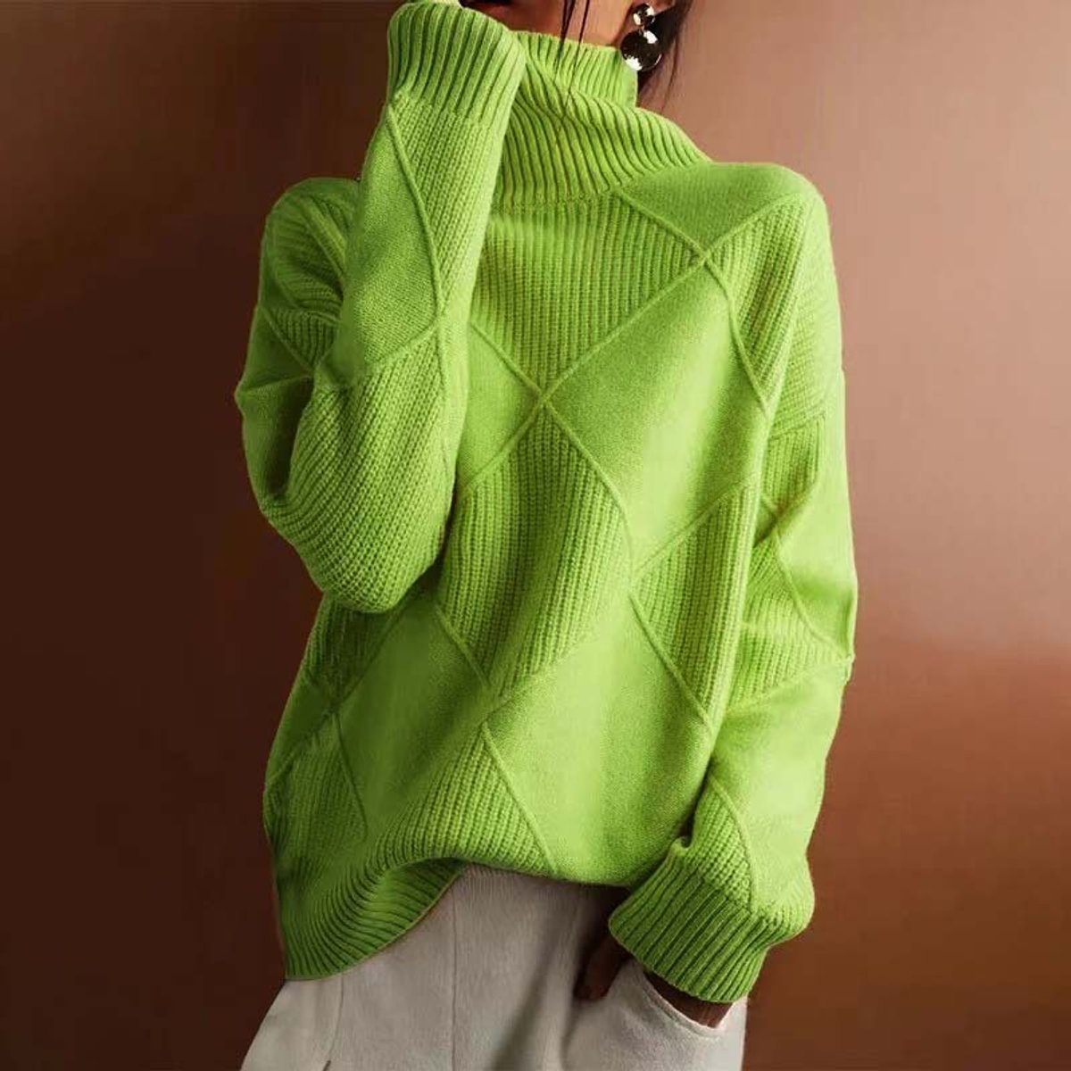Women's Argyle Knit Turtleneck Sweater Relaxed Pullover Jumper