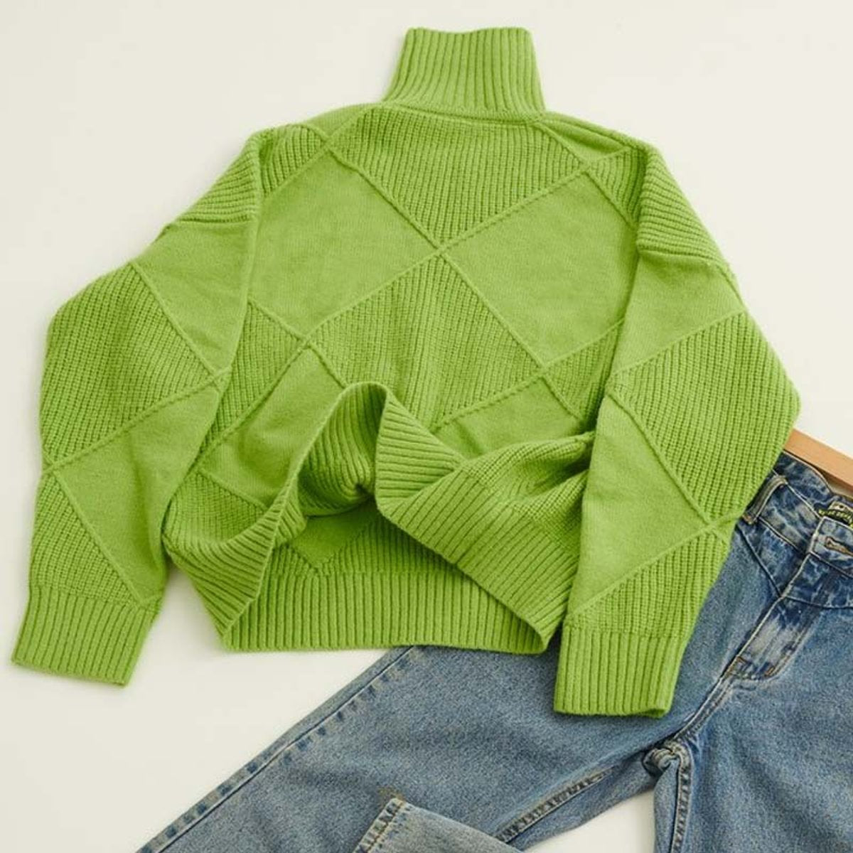 Women's Argyle Knit Turtleneck Sweater Relaxed Pullover Jumper