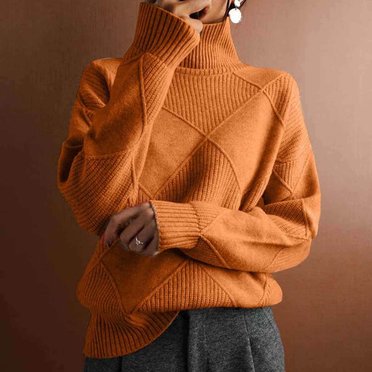 Women's Argyle Knit Turtleneck Sweater Relaxed Pullover Jumper - Orange