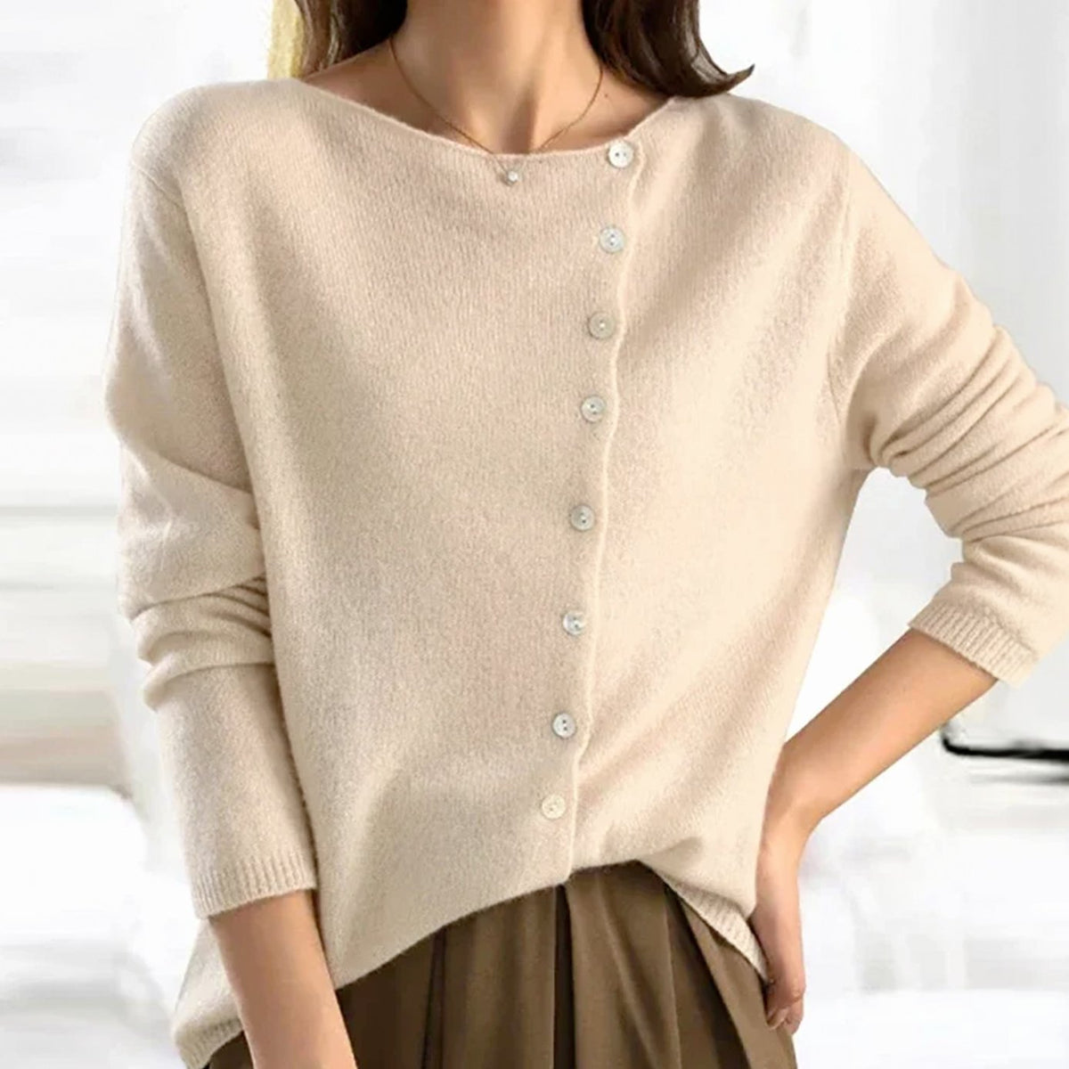 Women's Asymmetric-Button Knit Cardigan Relaxed Fit - Beige