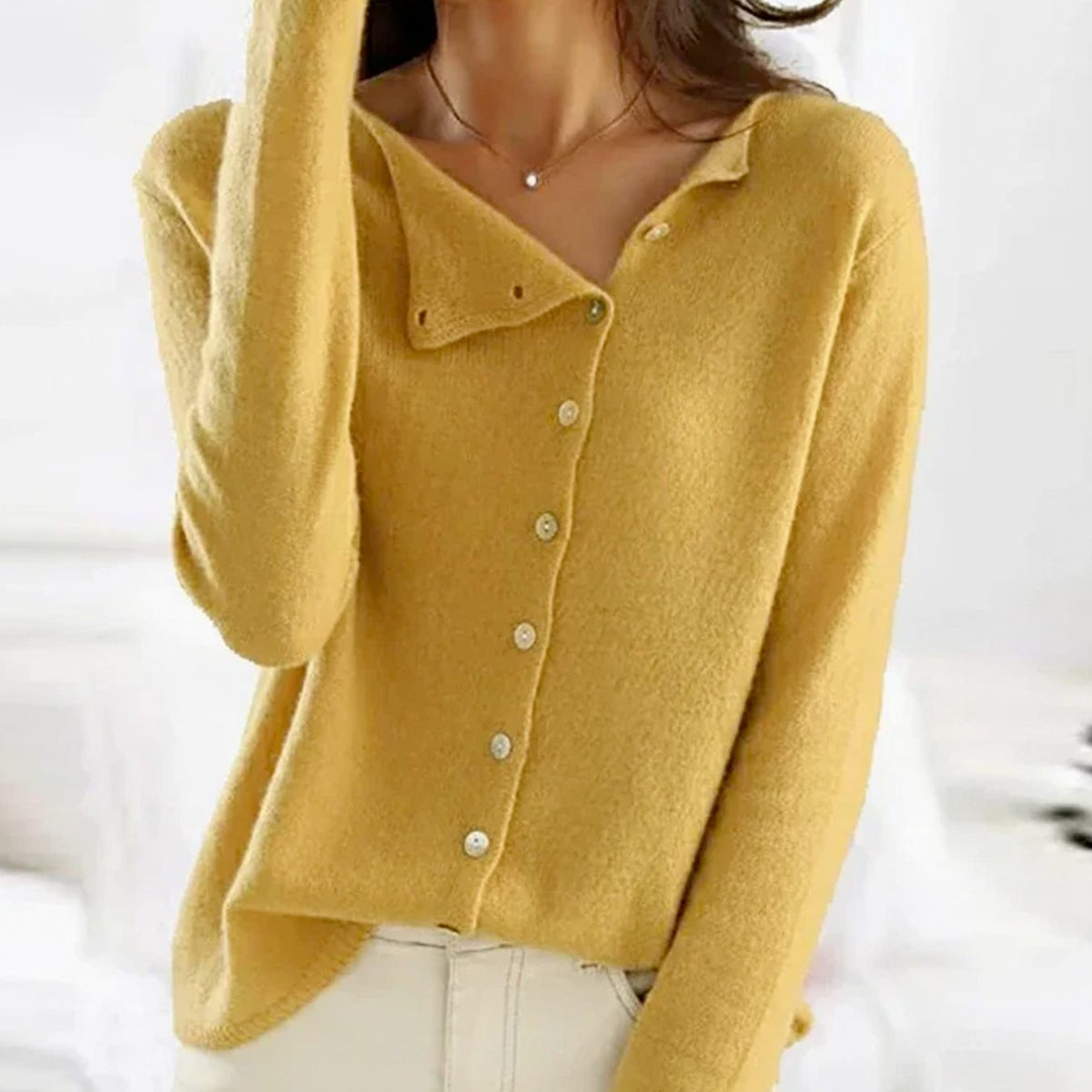 Women's Asymmetric-Button Knit Cardigan Relaxed Fit - Yellow