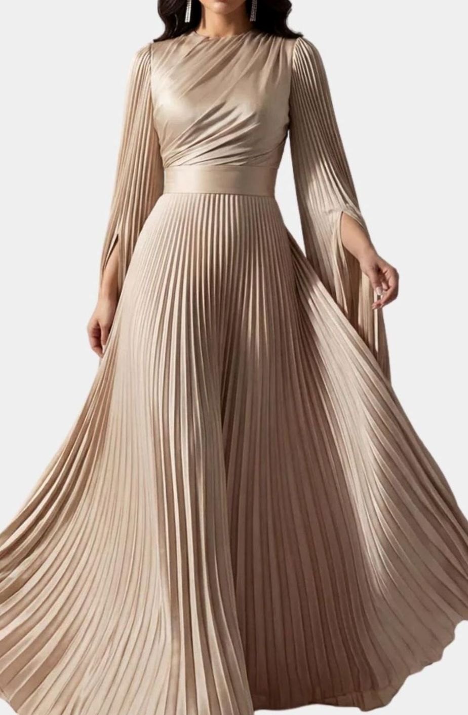 Women's Aurelie Pleated Satin Split-Sleeve Maxi Party Dress Gown