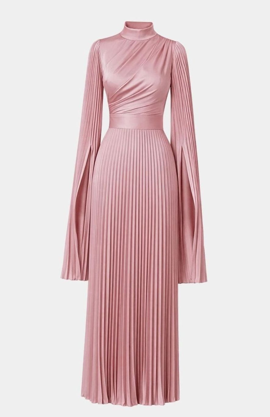 Women's Aurelie Pleated Satin Split-Sleeve Maxi Party Dress Gown - Rose
