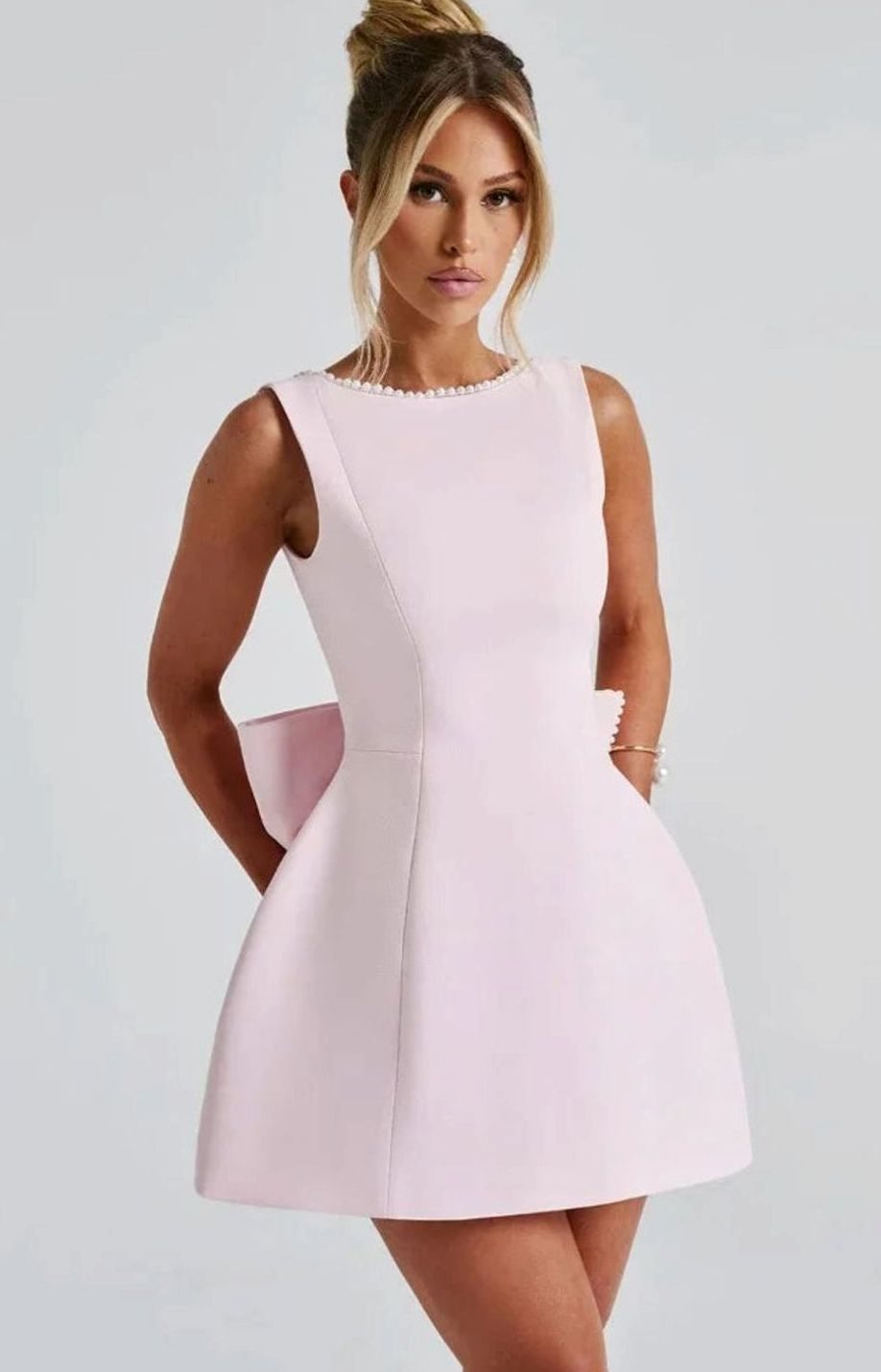 Women's Backless Pearl-Trim Oversized Bow Mini Dress