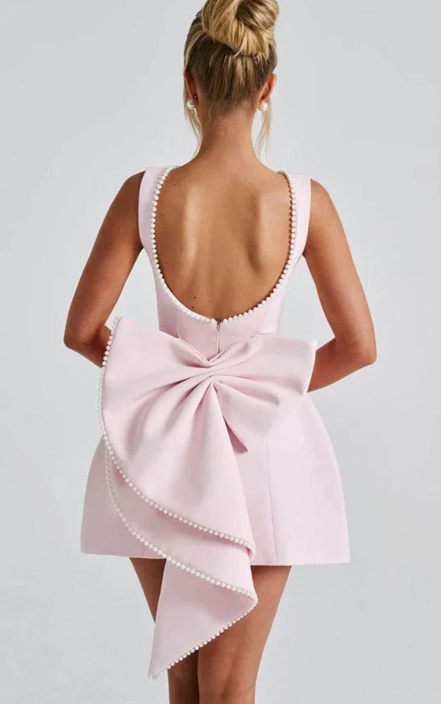 Women's Backless Pearl-Trim Oversized Bow Mini Dress