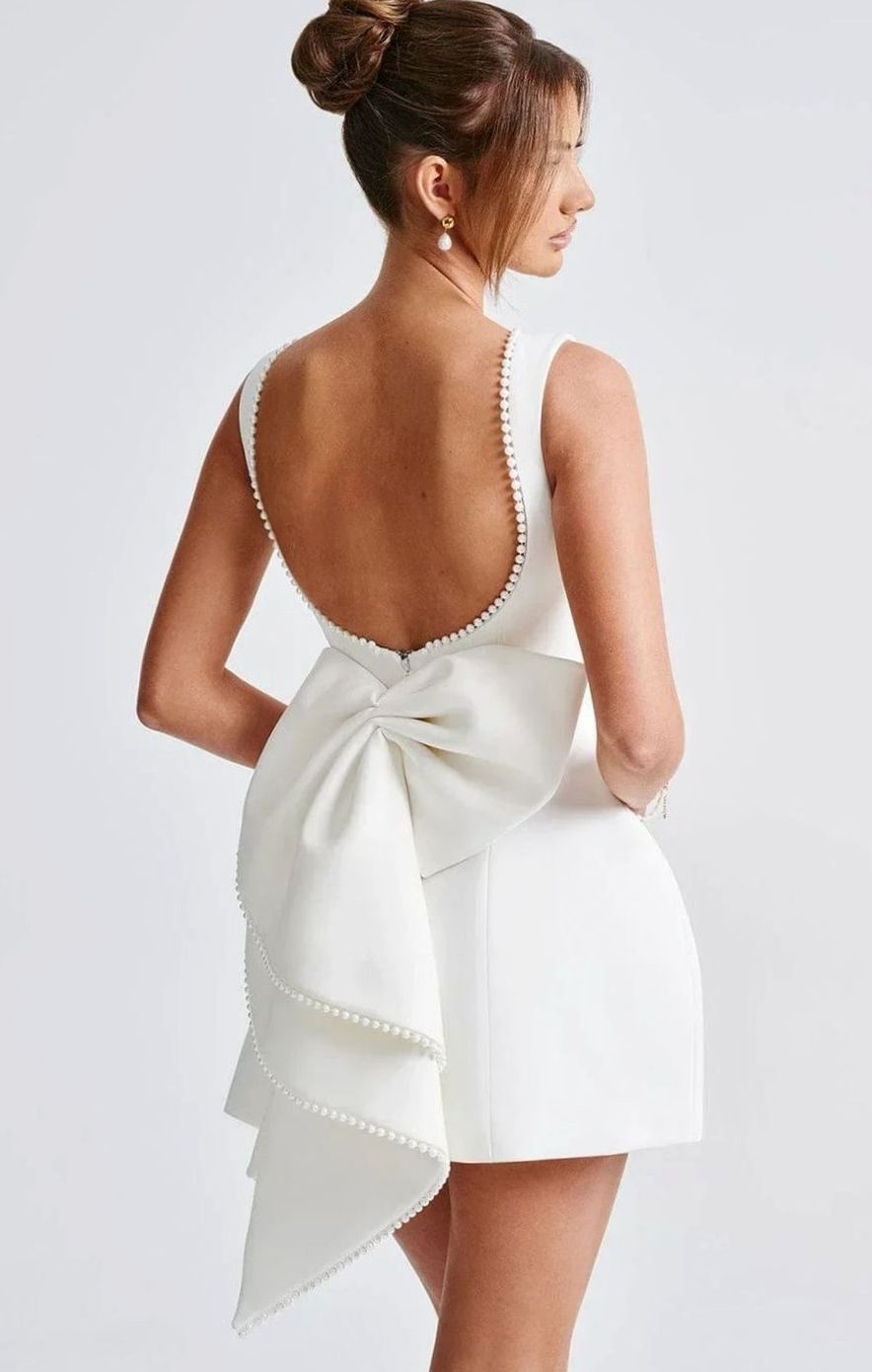 Women's Backless Pearl-Trim Oversized Bow Mini Dress - White